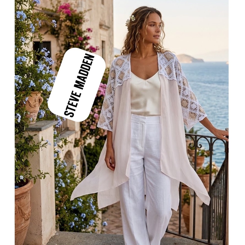 Steve Madden Crochet Lace Kimono Cardigan Cream Tan OSFM Handkerchief Hem Wrap